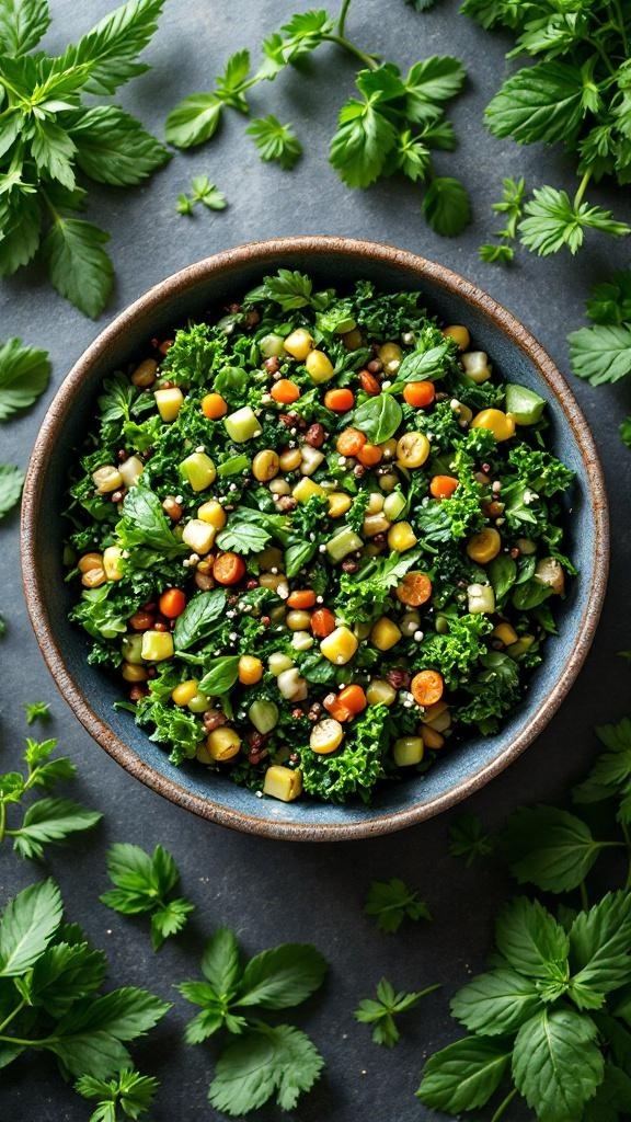 A colorful salad made with leafy greens, corn, and cherry tomatoes in a bowl, surrounded by fresh herbs.