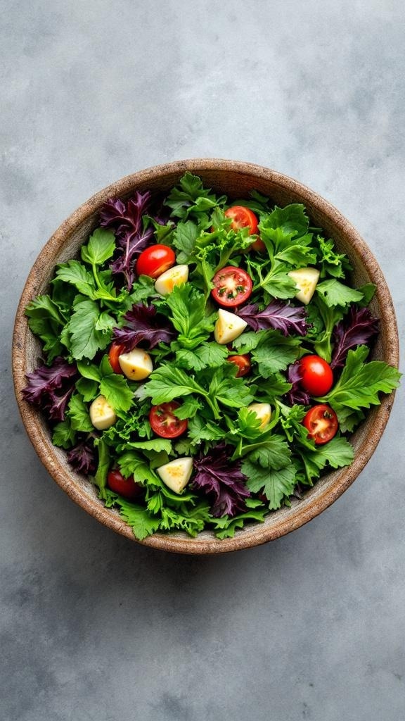 A bowl of fresh leafy greens with tomatoes, showcasing a variety of colors and textures.