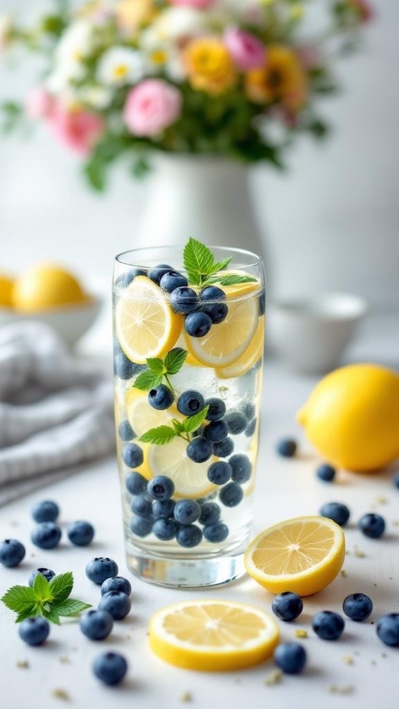A refreshing glass of lemon-blueberry detox water with mint leaves and lemon slices.