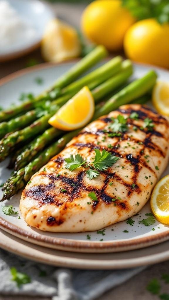 Grilled chicken breast with asparagus and lemon slices on a plate
