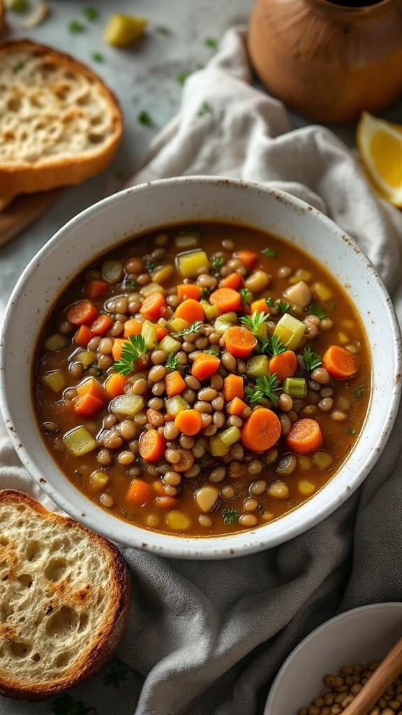 A bowl of lentil soup with carrots and celery, served with a slice of bread.