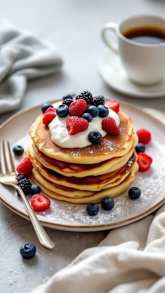 A stack of light and fluffy cottage cheese pancakes topped with fresh berries and whipped cream, served with a cup of coffee.