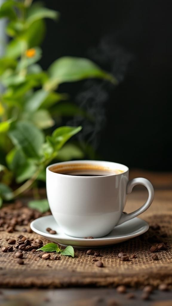 A steaming cup of coffee on a wooden surface with coffee beans and green leaves around it.
