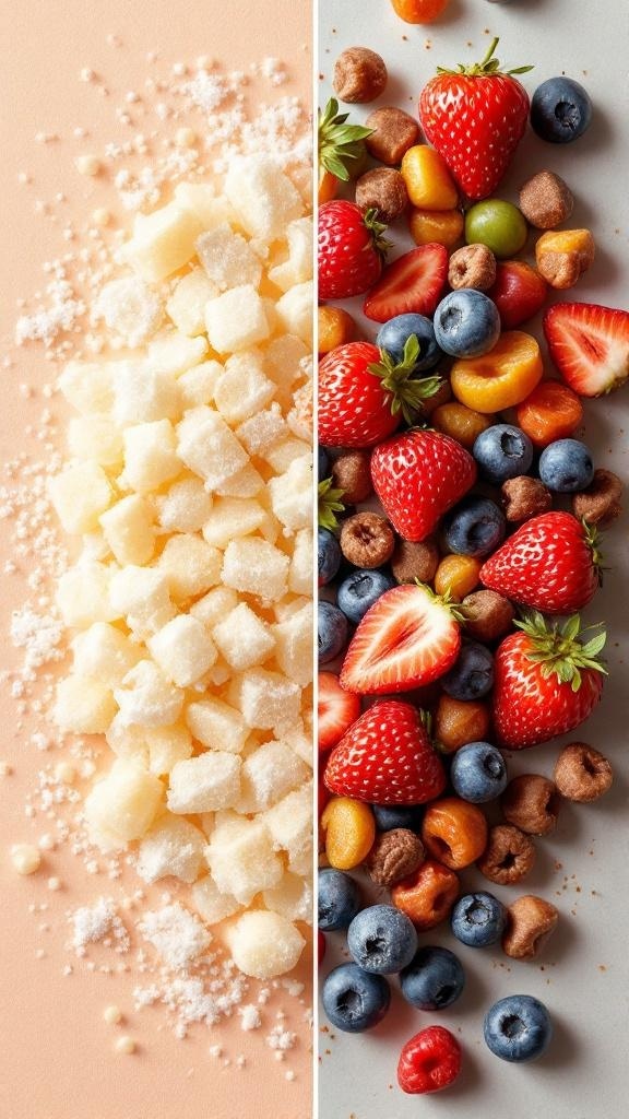A colorful arrangement of strawberries, fruits, and chocolate pieces on a light blue background.