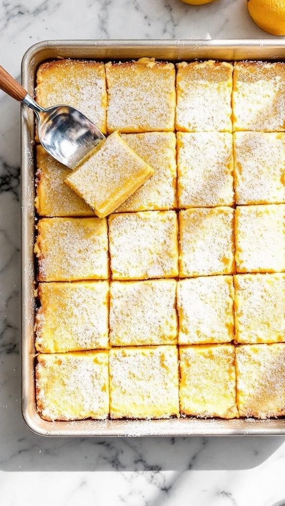 A tray of lemon bars garnished with lemon slices and mint leaves.