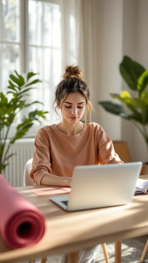 A woman working on a laptop at a desk with plants and a yoga mat nearby.