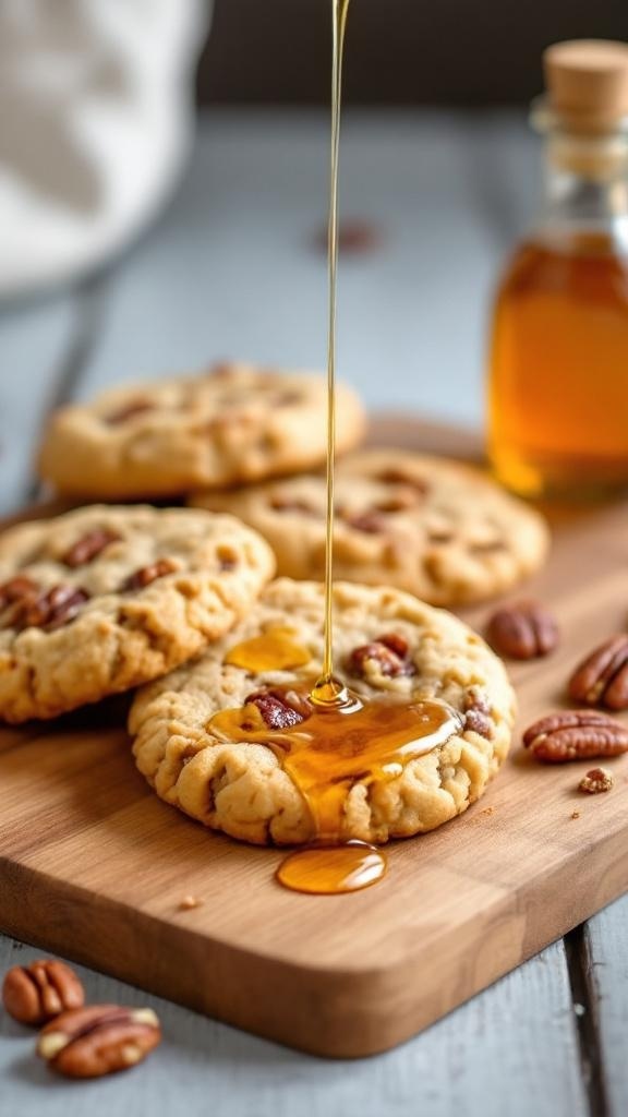 Maple pecan cookies with syrup drizzling on top