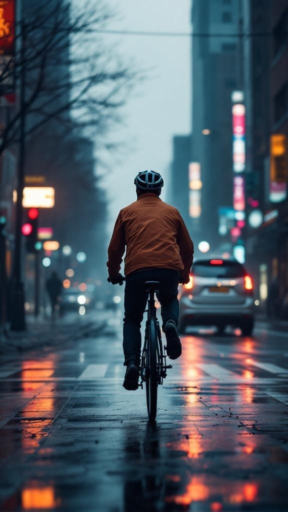 A cyclist riding through a city with a skyline in the background, surrounded by autumn trees.