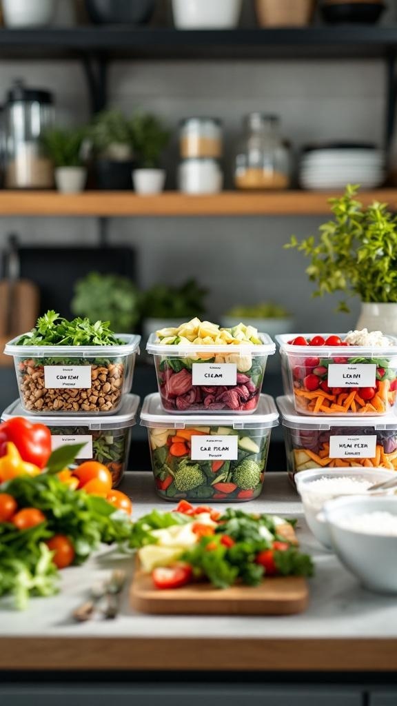Organized meal prep containers with fresh ingredients in a kitchen setting