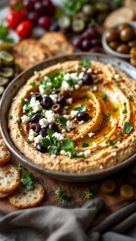 A bowl of Mediterranean hummus topped with olives and feta cheese, surrounded by crackers and olives.