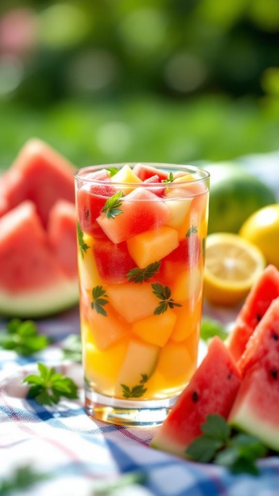 A refreshing glass of melon medley detox water with diced watermelon, cantaloupe, and honeydew, garnished with mint leaves.
