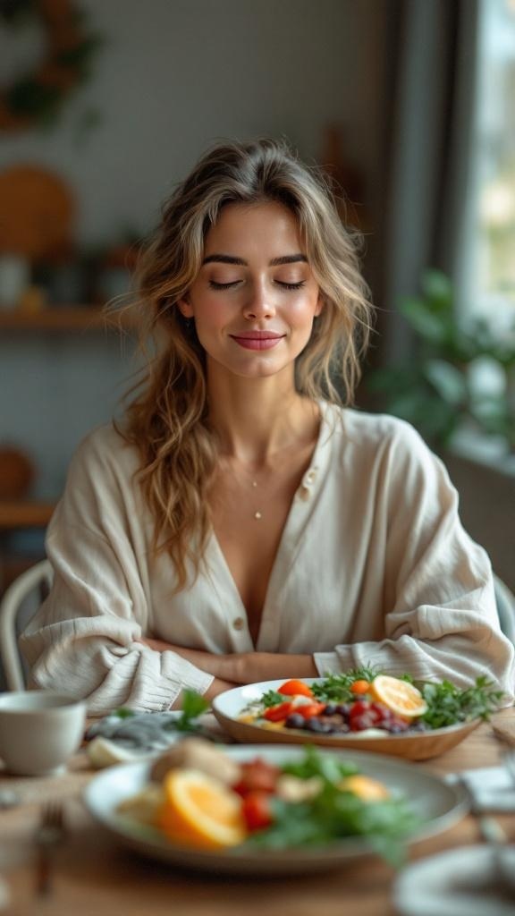 A woman with closed eyes enjoying a colorful meal of fruits and greens, embodying the practice of mindful eating.