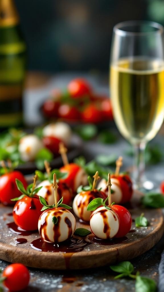 Mini Caprese skewers with cherry tomatoes, mozzarella, and basil, served with champagne.