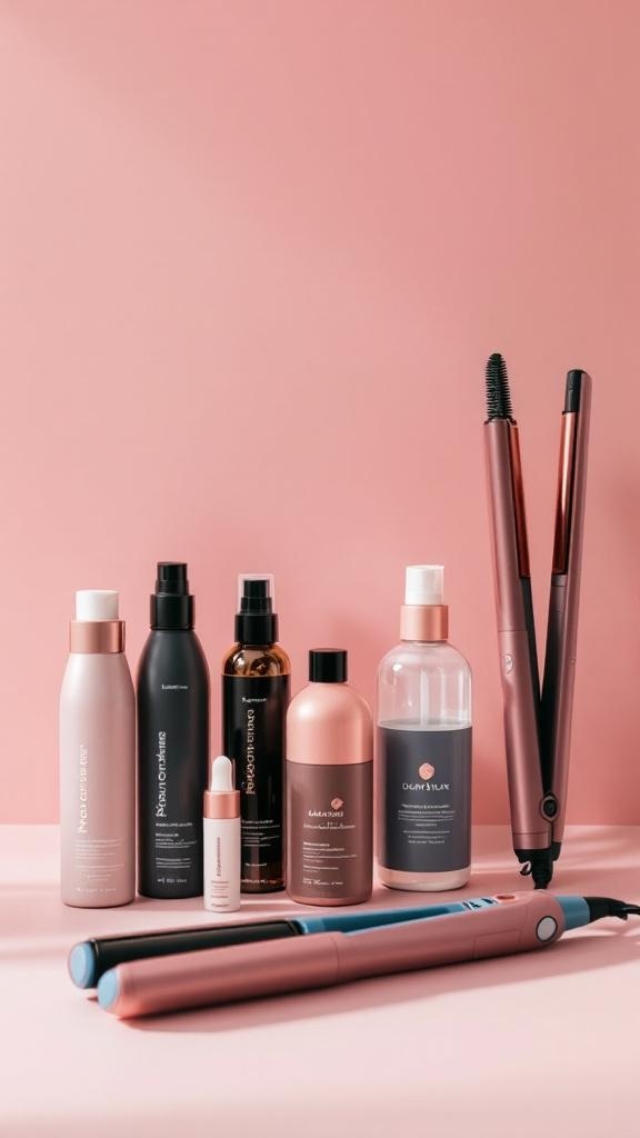 A collection of hair care products and styling tools on a pink background.