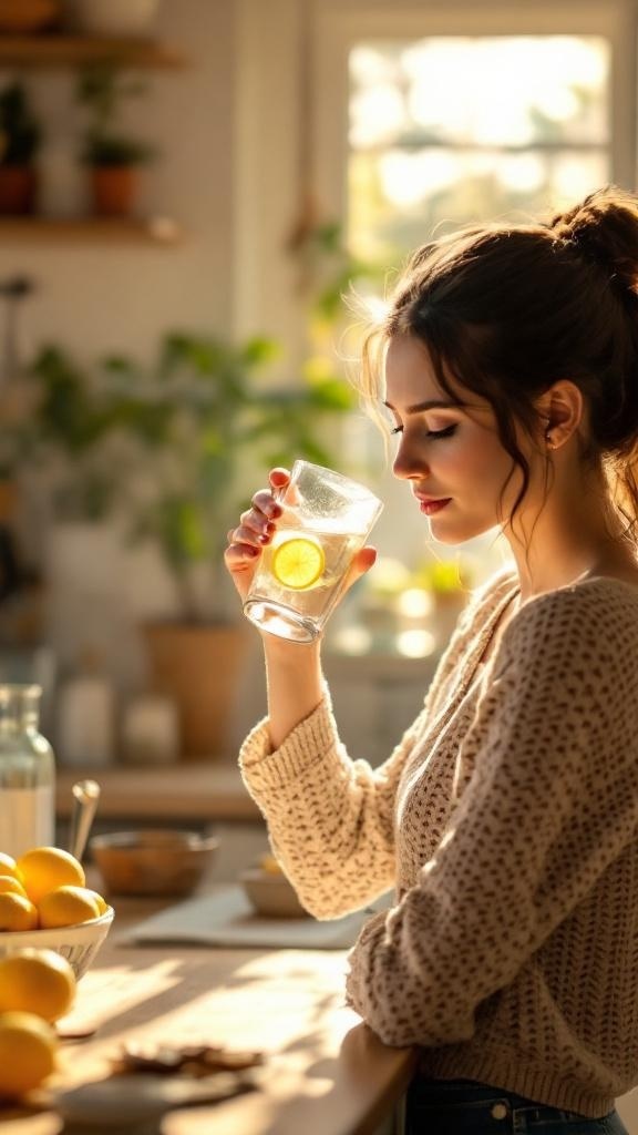 A woman enjoying a glass of lemon water in a bright kitchen.