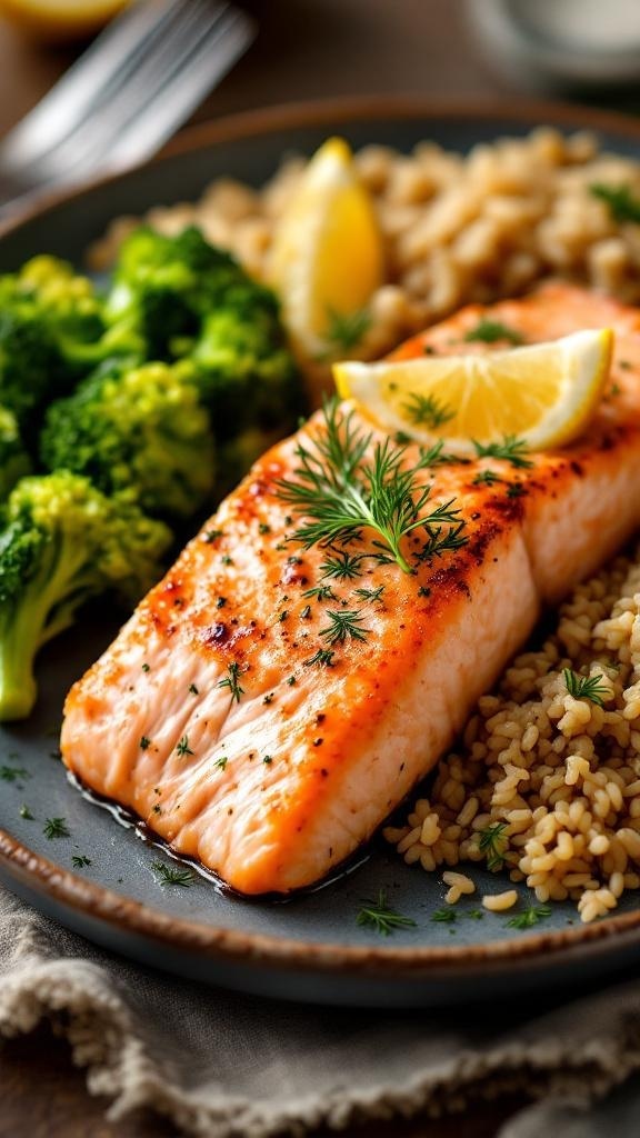 Baked salmon fillet with dill, lemon slices, steamed broccoli, and bulgur wheat on a plate.