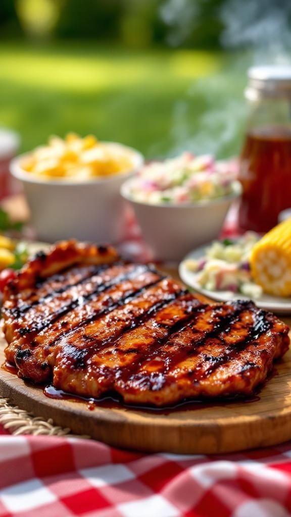 Grilled BBQ pork chops with sides of coleslaw and corn on the cob