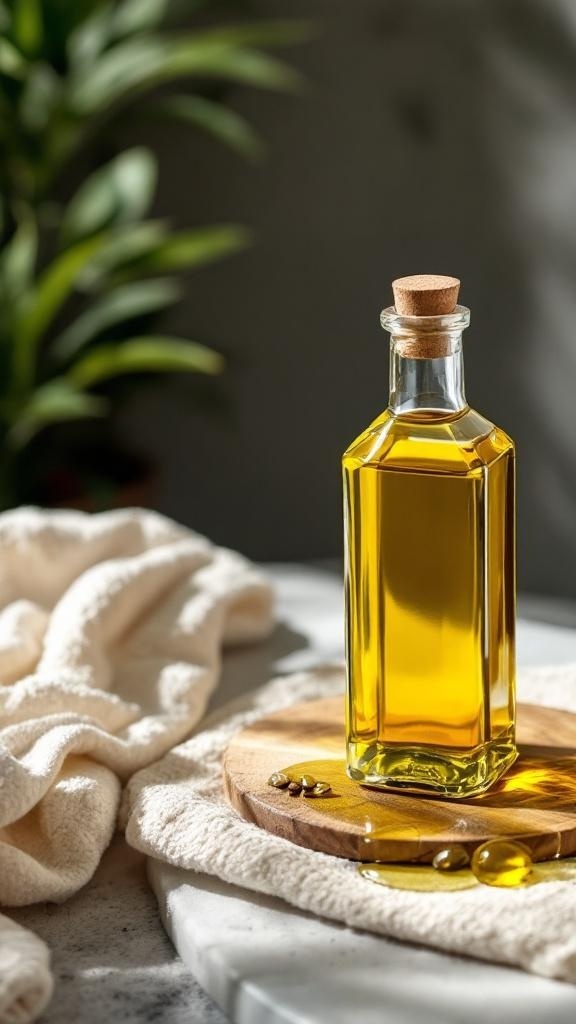 A bottle of olive oil on a wooden surface with a soft towel in the background.