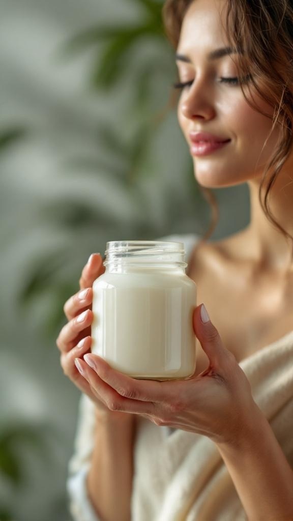 A woman with closed eyes and soft lighting, with a jar of coconut oil beside her.