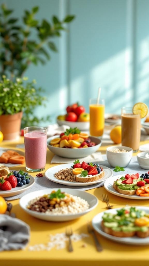 A colorful breakfast spread featuring fruits, smoothies, granola, and toast on a yellow table.