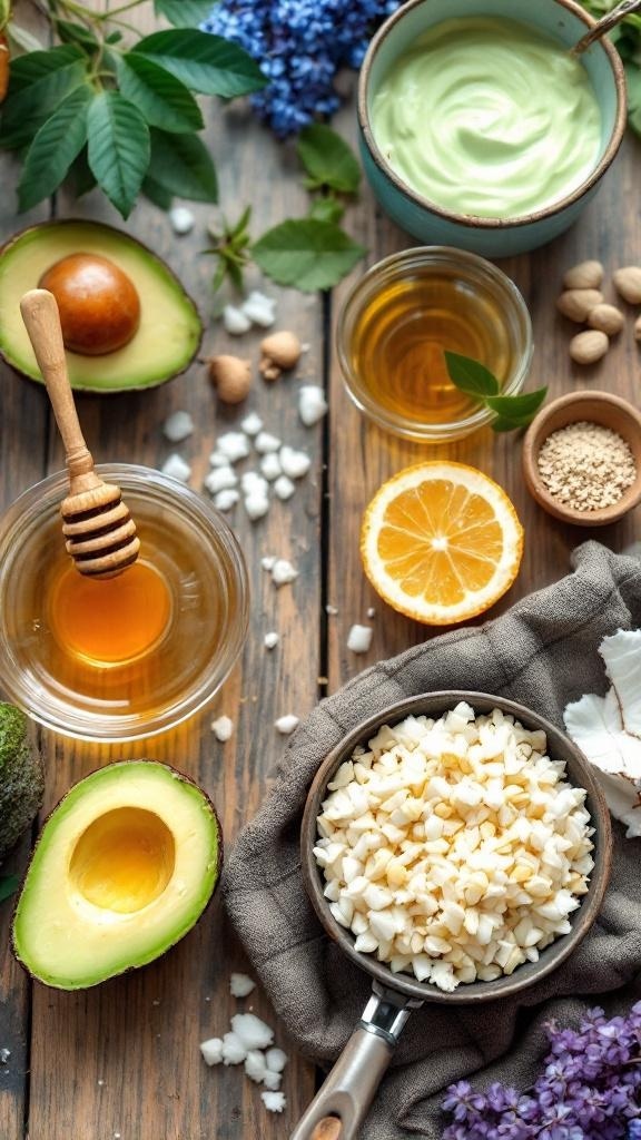 An assortment of natural ingredients for hair masks including avocado, honey, oils, and herbs.