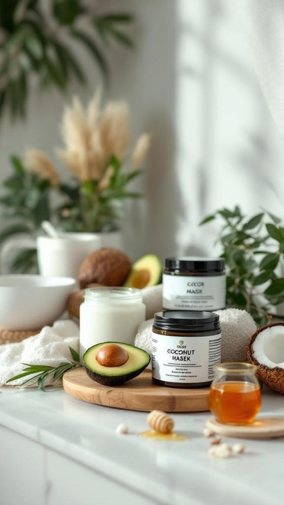 A collection of hair masks made from coconut and avocado, displayed with honey and other natural ingredients.