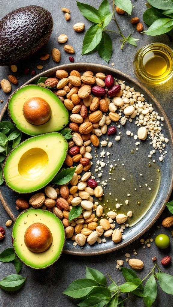A plate with sliced avocados, various nuts, and a small bowl of olive oil, surrounded by fresh leaves.