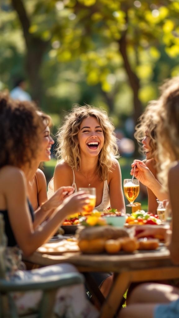 A group of women laughing and enjoying a meal together outdoors.