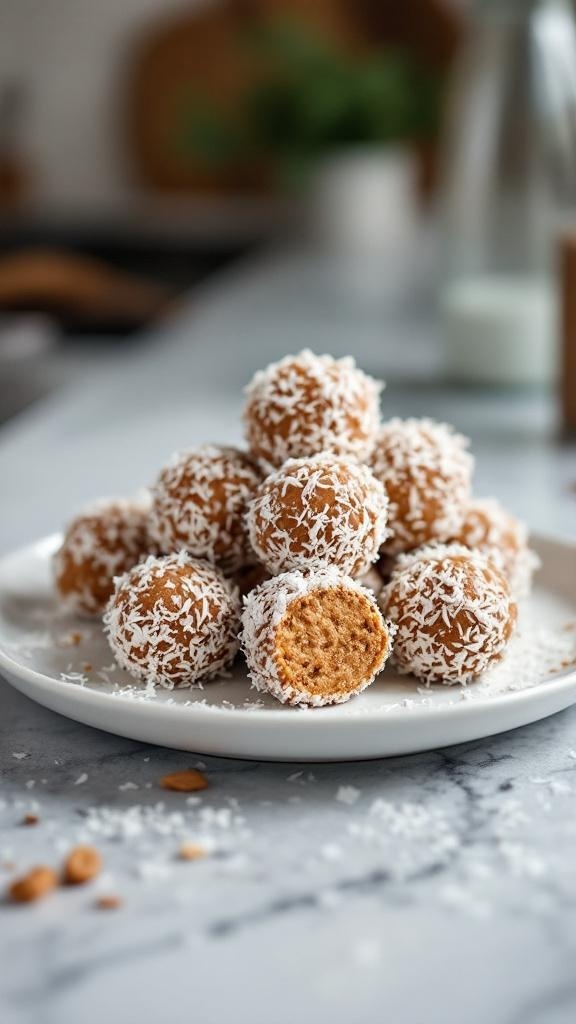 A plate of nut butter energy bites coated in shredded coconut, showcasing a healthy snack option.