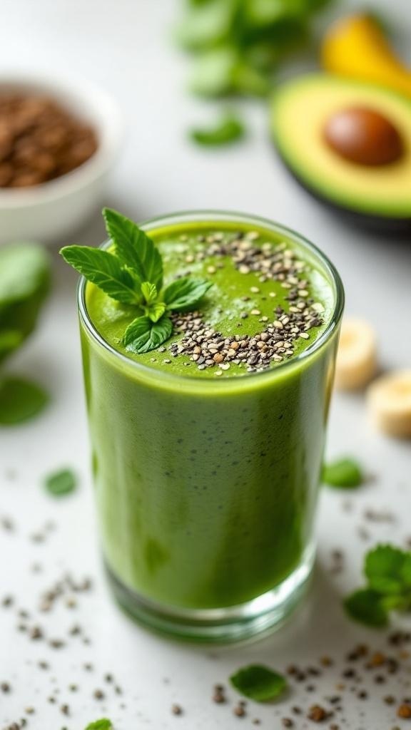 A green smoothie in a glass topped with mint leaves and chia seeds, surrounded by fresh ingredients.