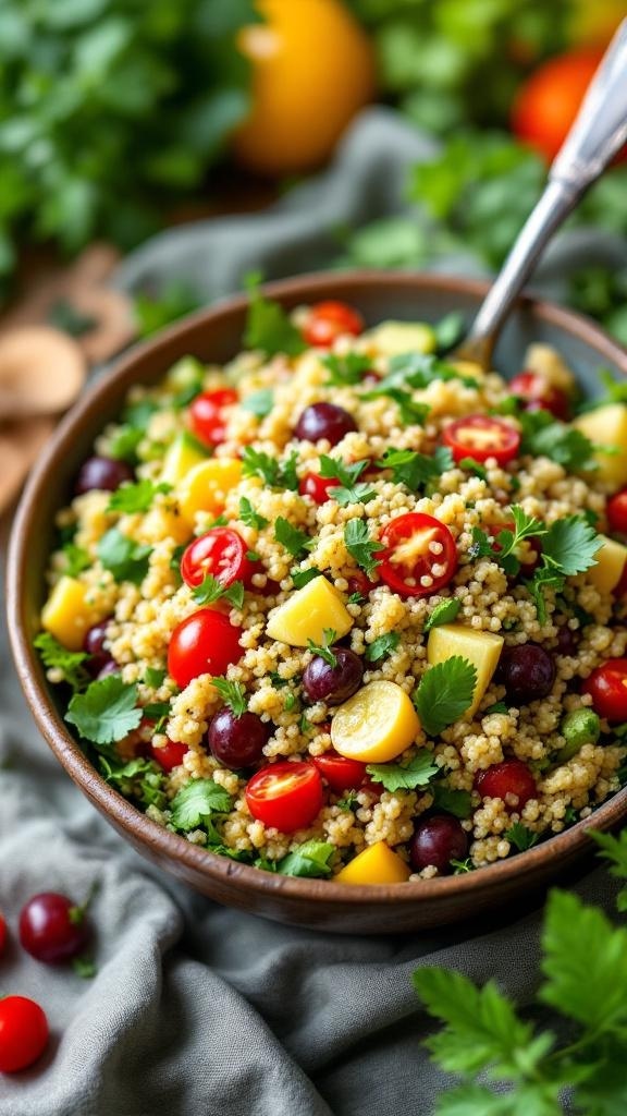 A vibrant quinoa salad with cherry tomatoes, bell peppers, and herbs in a wooden bowl.