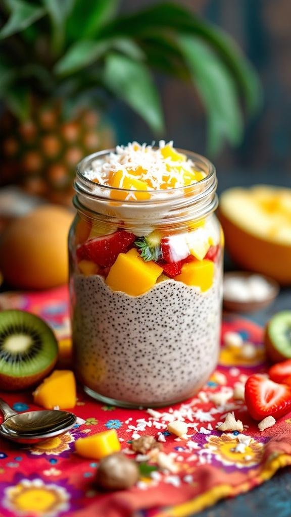 A jar of chia seed pudding topped with fresh fruits like mango, strawberries, and kiwi, placed on a colorful cloth.