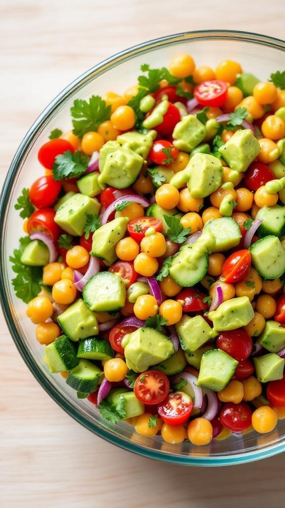 A colorful chickpea salad with avocado dressing, featuring tomatoes, cucumbers, and yellow peppers.