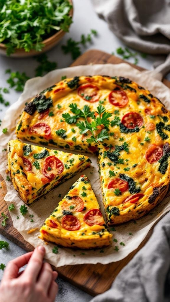A colorful egg and vegetable frittata with slices cut out, garnished with parsley.