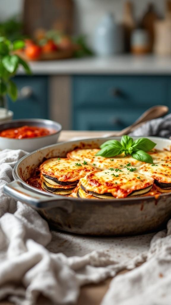 A delicious Eggplant Parmesan Bake with layers of eggplant, marinara sauce, and melted cheese topped with fresh basil.