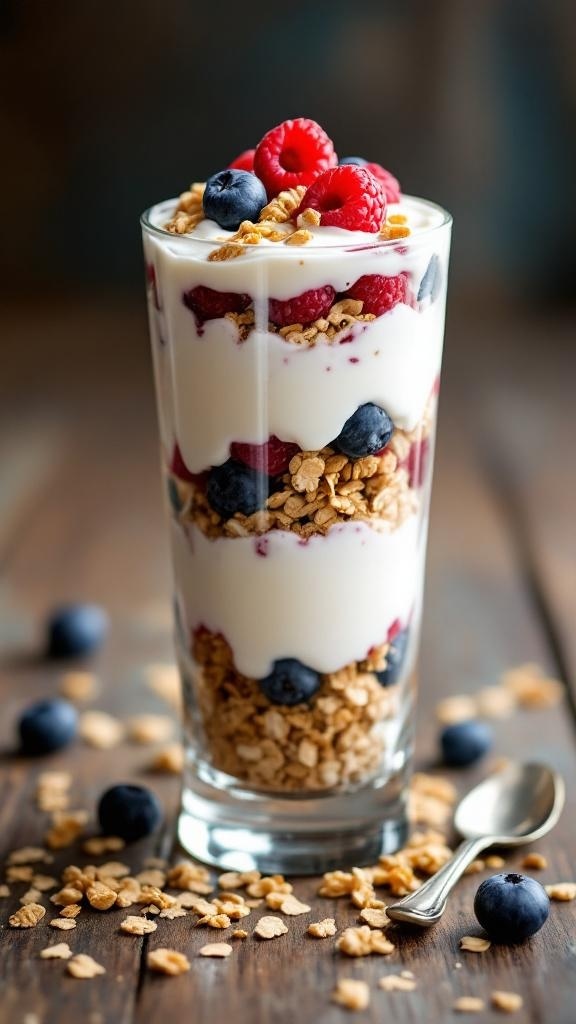 A delicious Greek yogurt parfait with layers of yogurt, blueberries, raspberries, and granola in a tall glass.