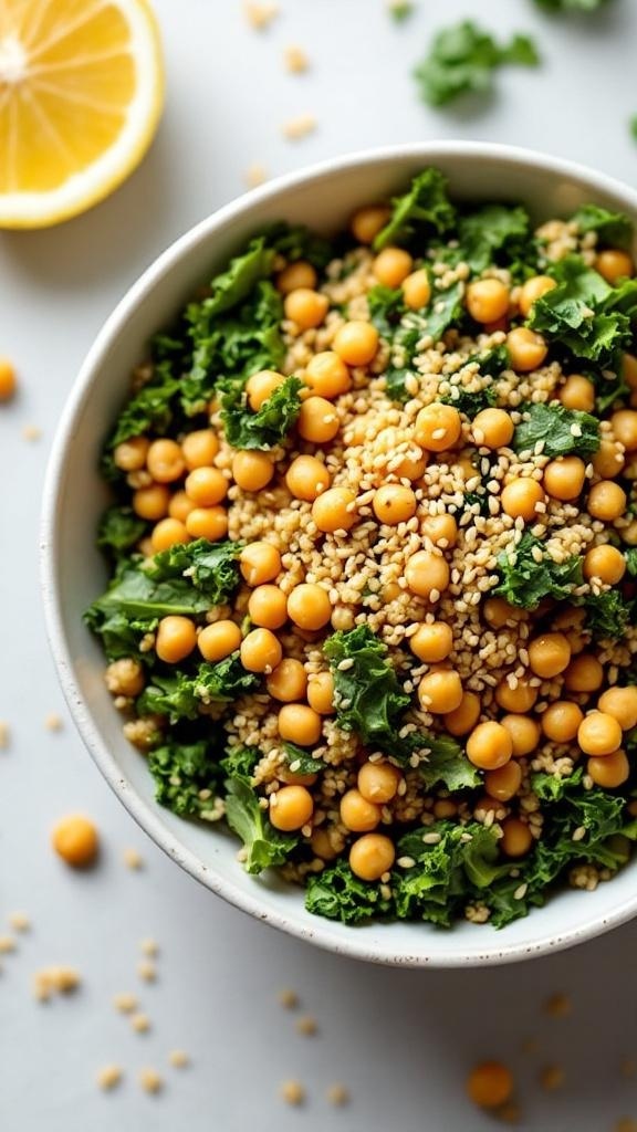 A bowl of kale and quinoa salad with chickpeas and lemon slices