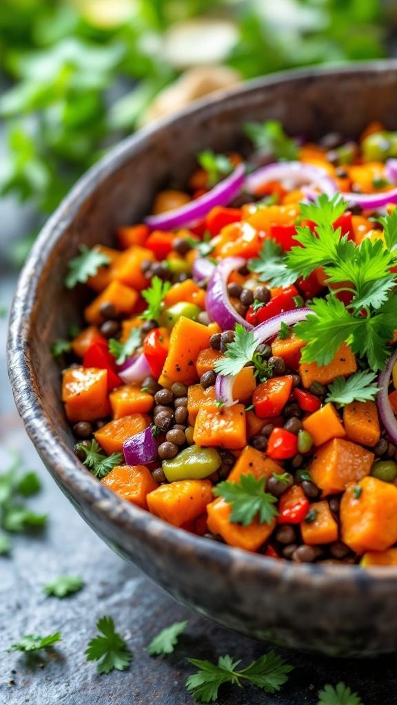 A colorful lentil salad with roasted sweet potatoes, red peppers, and onions, garnished with fresh cilantro.