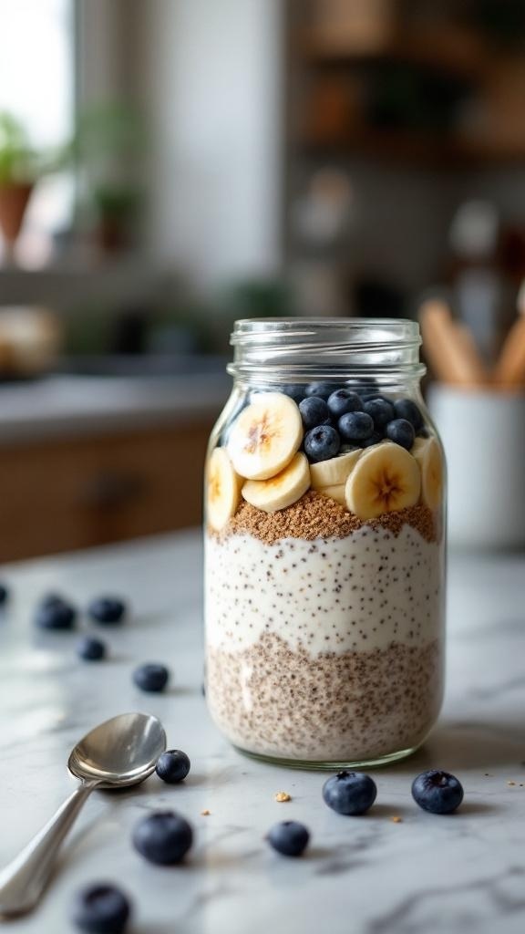 A jar of overnight oats with banana slices and blueberries on top.
