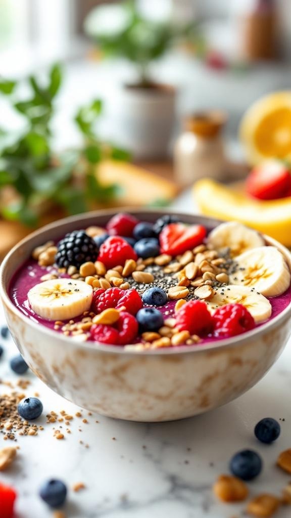 A colorful smoothie bowl topped with bananas, berries, nuts, and chia seeds