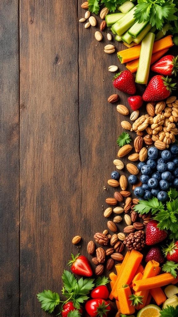 A variety of healthy snacks including fruits, vegetables, and nuts arranged on a wooden surface.