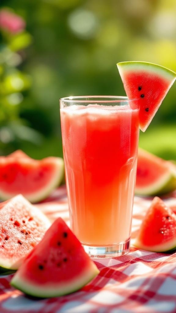 A refreshing glass of watermelon detox juice with watermelon slices on a picnic table.