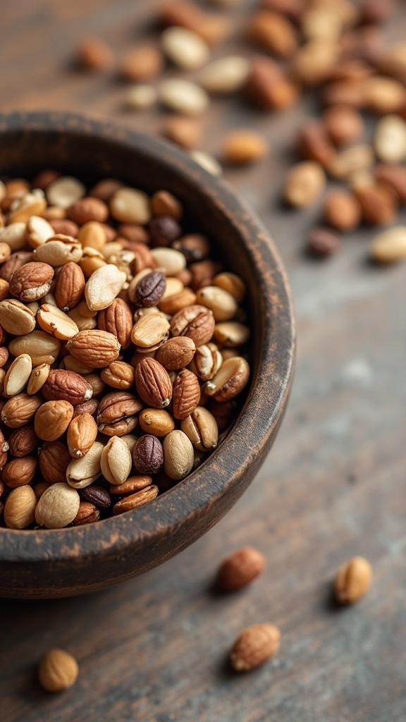 A rustic bowl filled with a variety of nuts and seeds on a wooden surface.