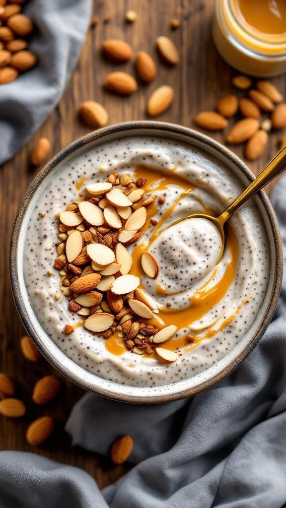 A bowl of Nutty Almond Chia Pudding topped with sliced almonds and almond butter.