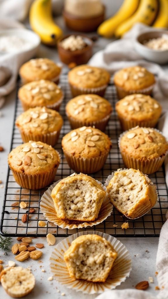Nutty Almond Flour Banana Muffins on a cooling rack with some muffins cut in half to show the inside texture.