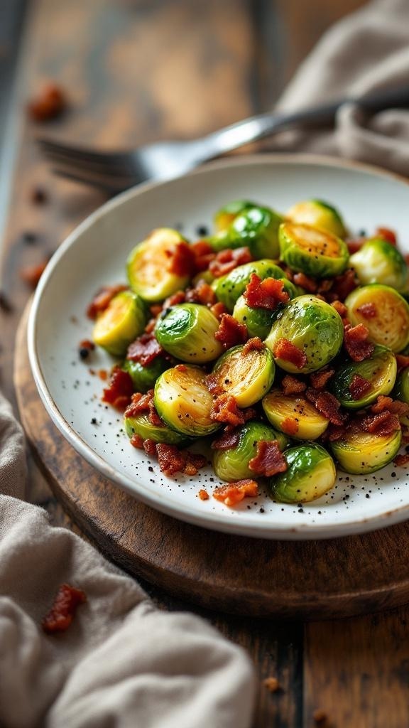 A plate of Brussels sprouts with crispy bacon on a wooden table.