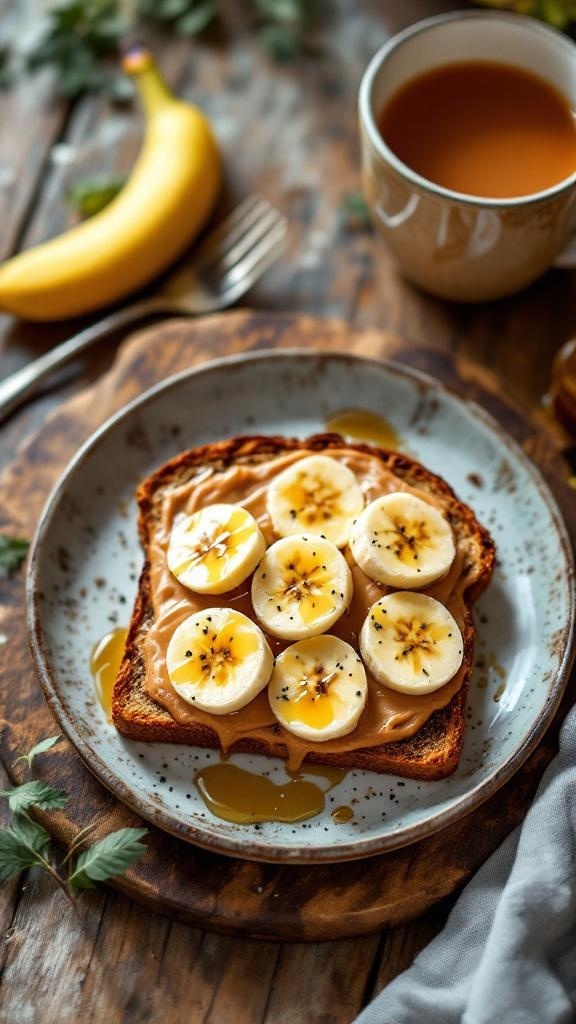 A slice of peanut butter toast topped with banana slices and honey, served with a cup of tea.