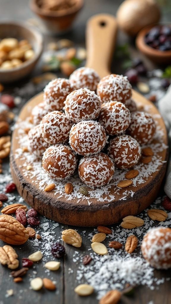 A wooden board stacked with nutty energy bites coated in coconut, surrounded by various nuts.