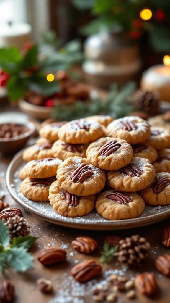 A plate of nutty pecan cookies topped with whole pecans and dusted with powdered sugar, surrounded by holiday decorations.