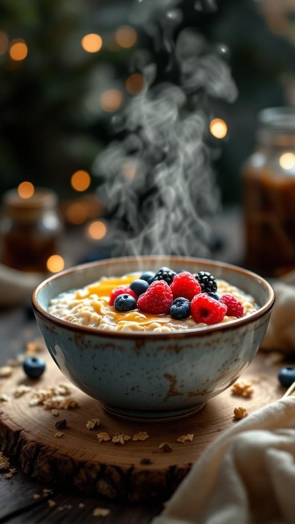 A steaming bowl of oatmeal topped with fresh berries, set on a wooden surface with a cozy atmosphere.